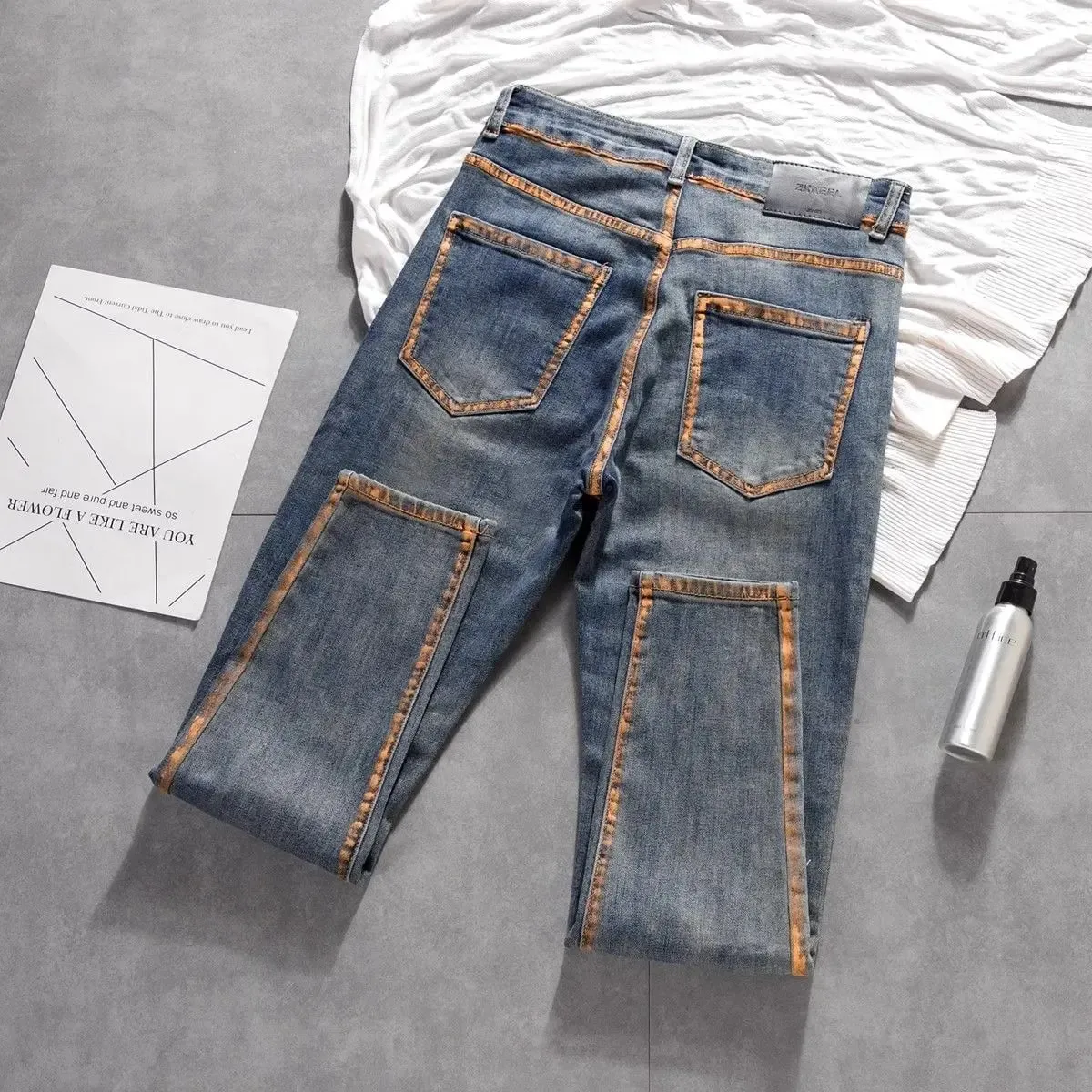 New Trousers Design Small Feet Elastic Slim Jeans High-end Casual Pants New Korean Work Original Paint Printing Trousers Man