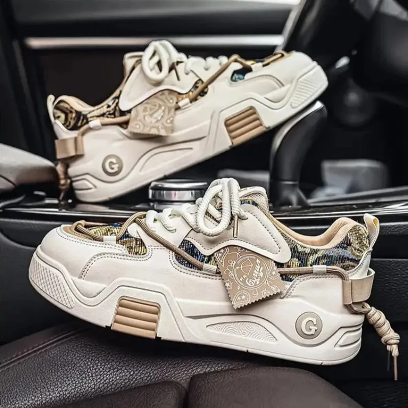 ฤดูใบไม้ผลิฤดูร้อนผู้ชายรองเท้าผ้าใบ Chunky Sole รองเท้า Retro บล็อกสีกราฟิกพิมพ์ Lace Up หนาแบนแพลตฟอร์มรองเท้า