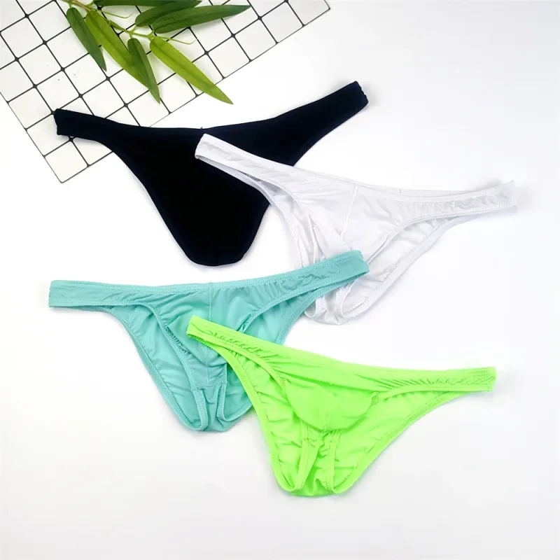 4PCS Men High Fork Briefs Mid Waist Elastic Ice Silk Brief Summer Underpants Ice Silk U Convex Pouch Male Underwear Silky Shorts