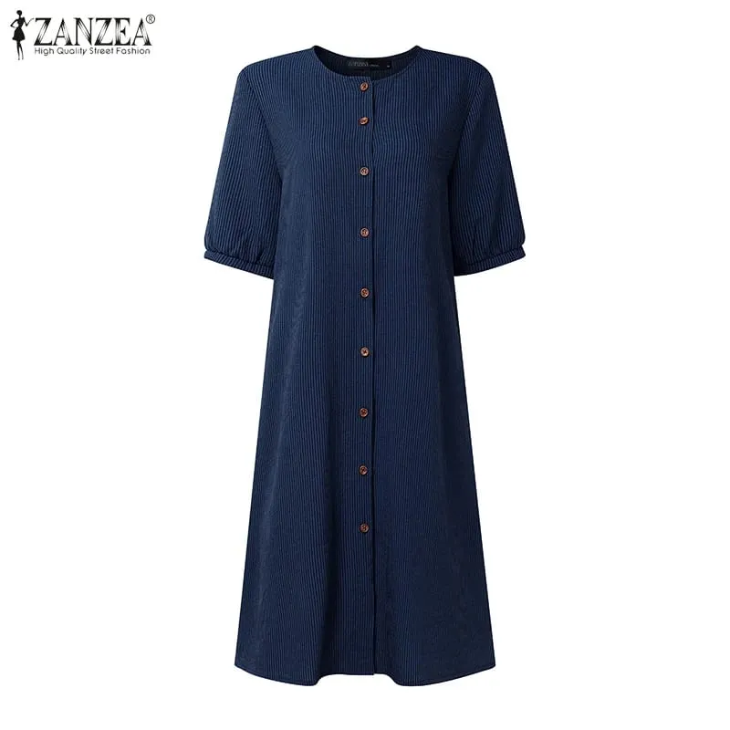 2026 Summer Striped Dress ZANZEA Women Elegant Work Dresses Short Sleeve Buttons Down Sundress Casual Holiday Knee Length Robe