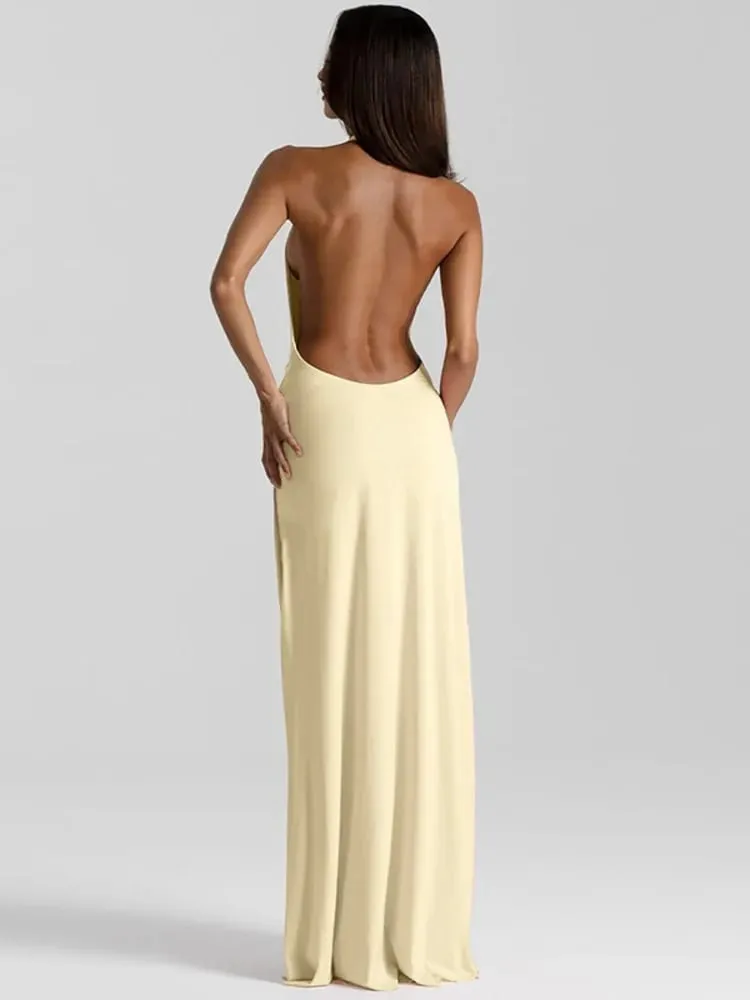 Mozision Halter Deep V Neck Backless Sexy Maxi Dress Women Gown Fashion Irregular Sleeveless Thigh High Split Club Party Dresses