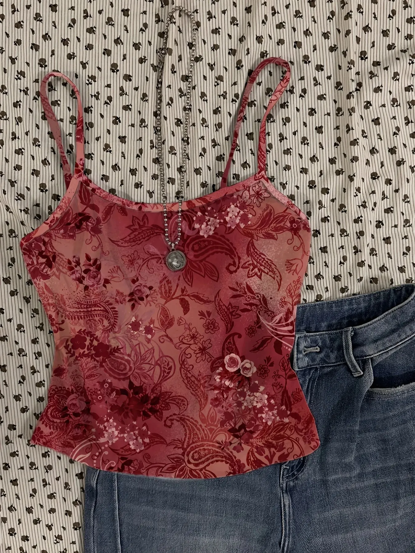 Vintage Floral Pattern Red Sexy Vest Women's Short Top