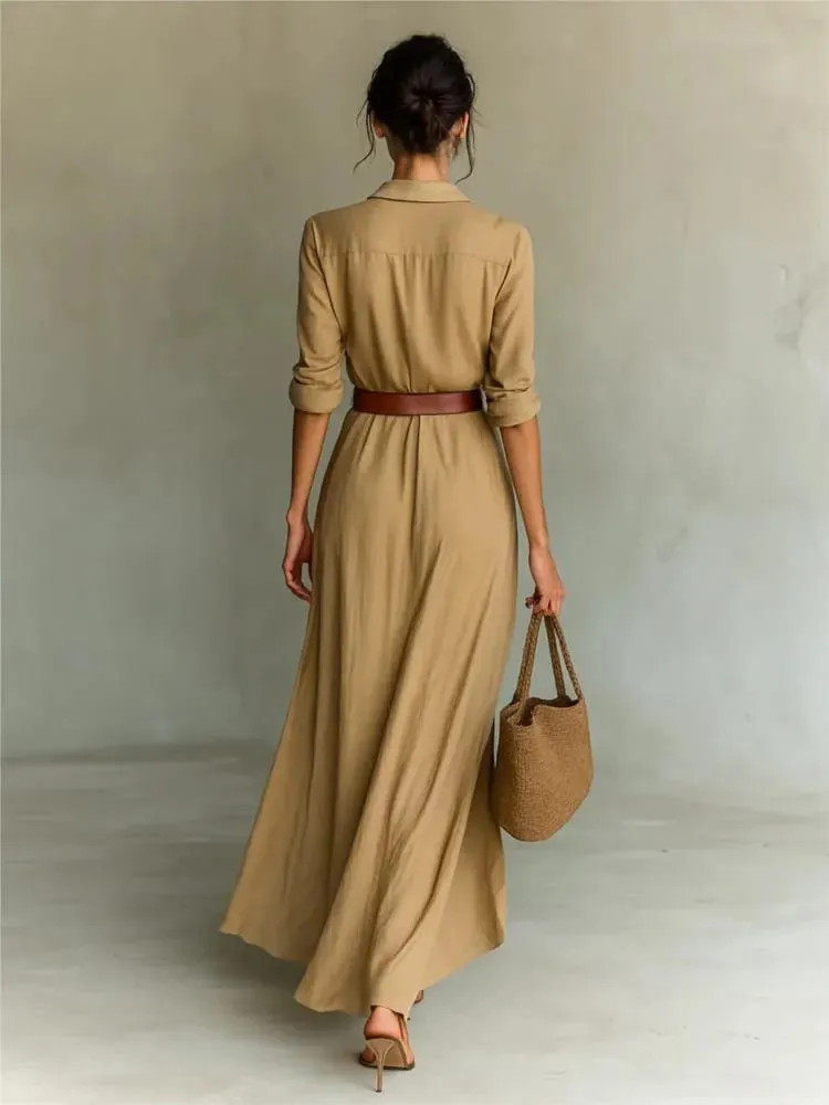 Fashion Sexy Single-breasted V-neck Long-sleeved Dress For Women Elegant Spring Autumn Solid Color Irregular Belt Dresses Female — image 5