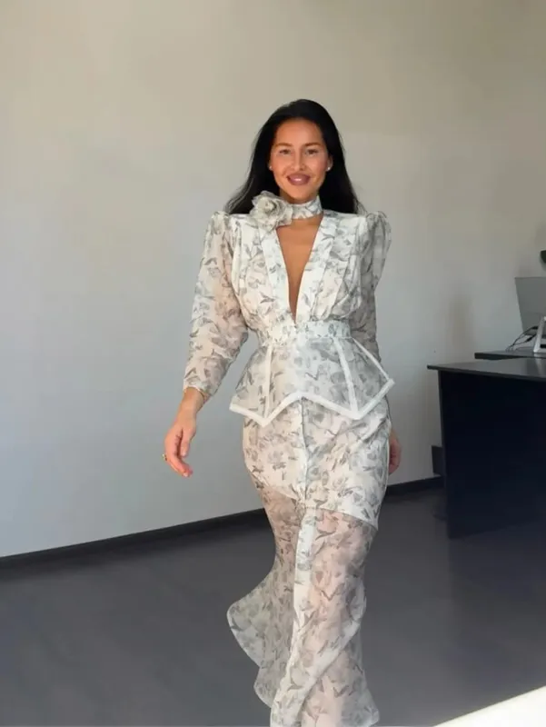 Organza Floral Printed Maxi Dress V-Neck Puff Sleeve 2026 Spring/Summer Romantic Women Party Gown Fashion Elegant Lady Vestidos