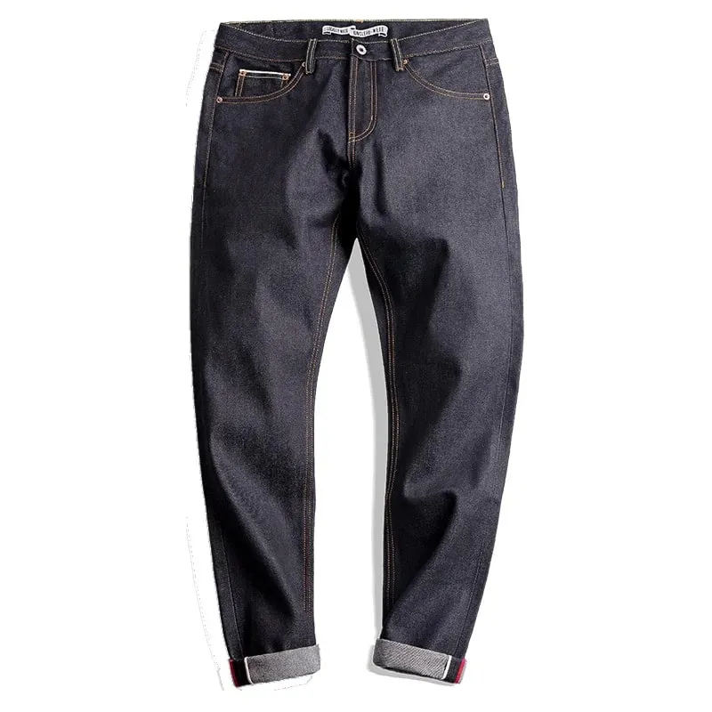 Maden vintage 14.5oz ourela jeans cru com zíper ykk voar bordado calças retas calças clássicas masculinas de cor sólida