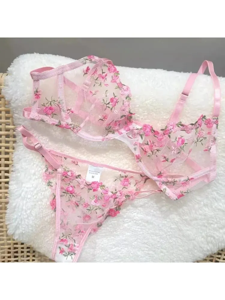 French Elegant Lingerie Set-Floral Embroidery Semi-Transparent Bra & Brief Black Sensual Women's Underwear Luxury Intimates