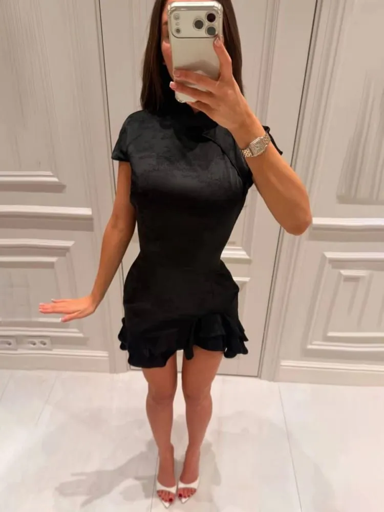 White Satin Patchwork Lace Trim Dress Women's Stand Collar Short Sleeve Ruffle Draped Sexy Dresses 2026 Lady Date Vestidos