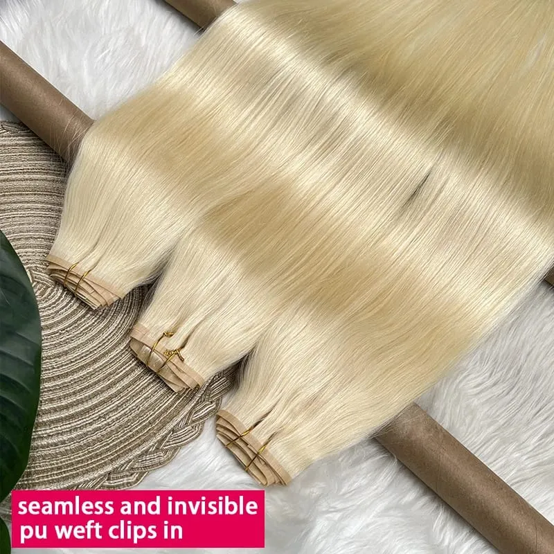 Straight #613 Blonde Color Invisible Clip in Hair Extensions PU Seamless Double Weft Clip Ins 100% Raw Virgin Human Hair 100g