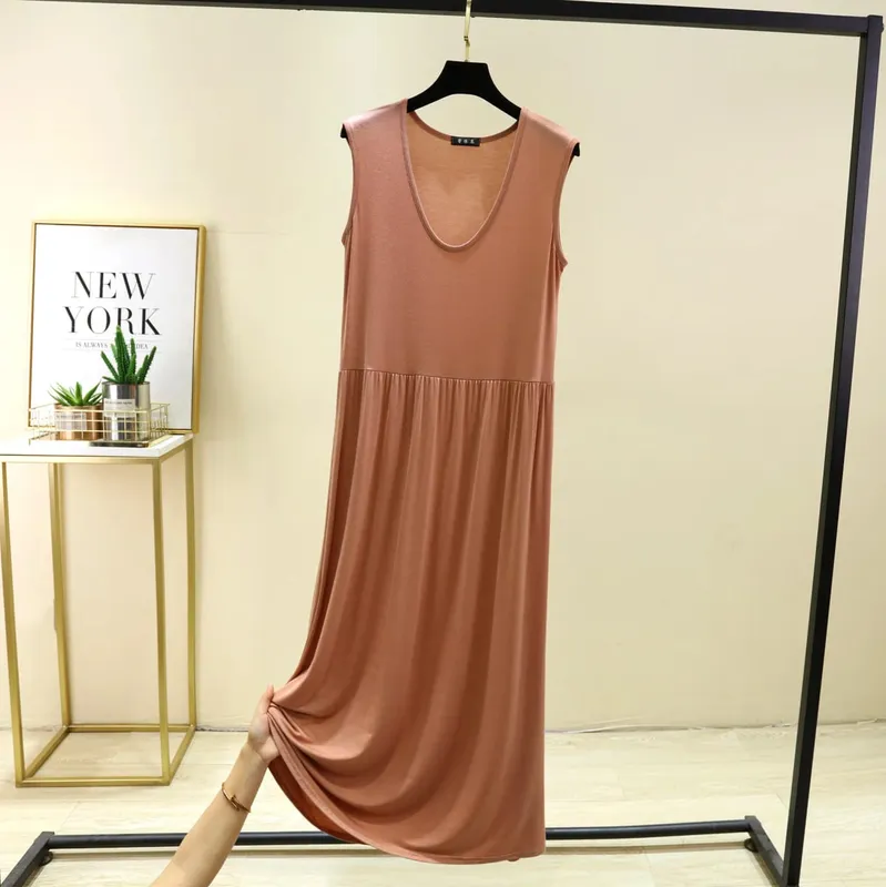 Plus Size L bis 6XL Damenkleid Modal Ärmelloses Tankkleid Plissiertes Schlafkleid Mittellange Taillenschlankungskleider Lockere Homewear — image 11