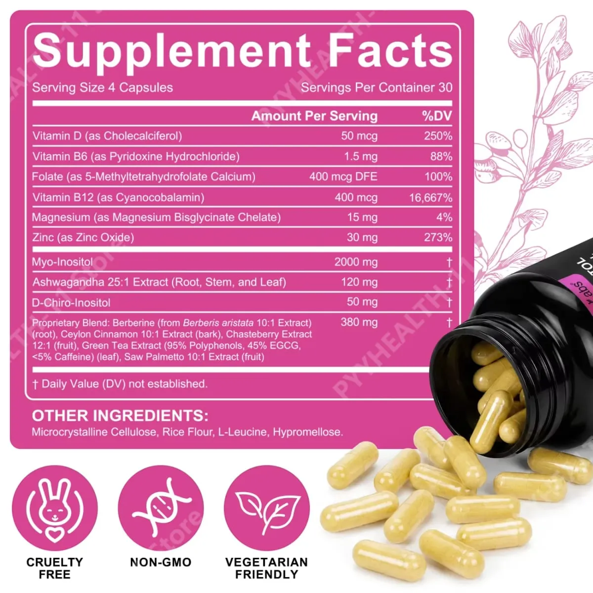 ArtoaLabs Myo & D-Chiro Inositol Capsules with Berberine Ashwagandha Metabolism & Women's Wellness Support 120 Capsules — image 4