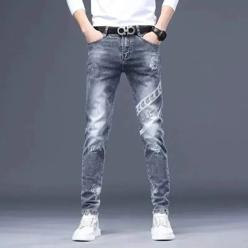 High End Stylish Classic Distinctive Printed Black Stretch Denim Jeans for Men High Quality Slim Fit Stretch Luxury Denim Pants