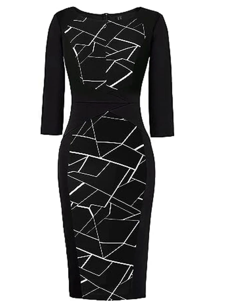 Women Elegant Business V Notch Neck 3/4 Sleeve Autumn Office Work Knee Length Bodycon Dress Geometric Print Patchwork Slim Fit