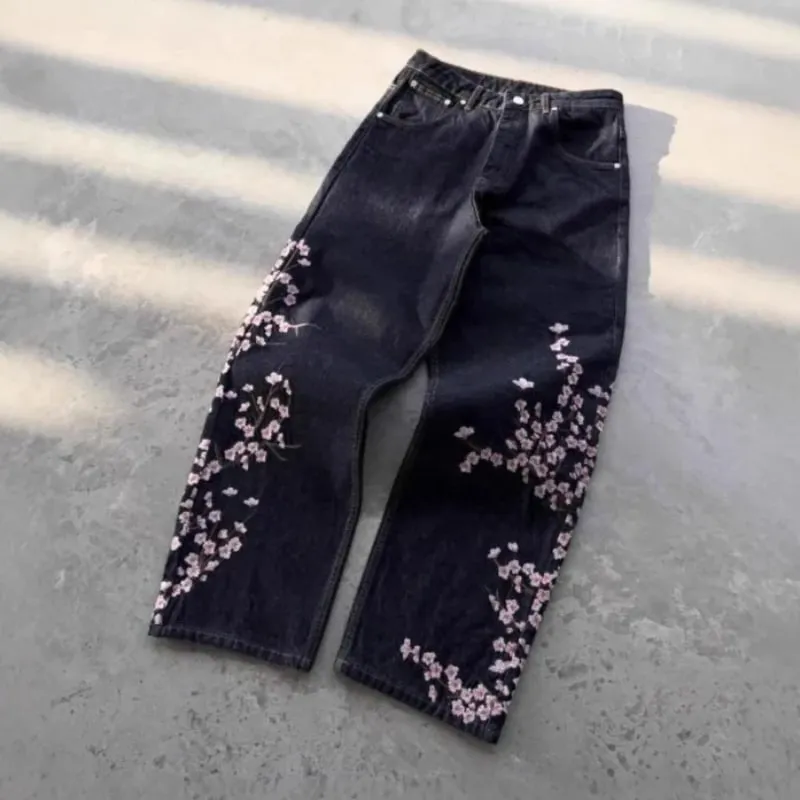 Unisex Jeans Harajuku European American Streetwear Embroidered Denim Pants Vintage Floral Loose Fit Straight Wide Leg Casual New — image 4