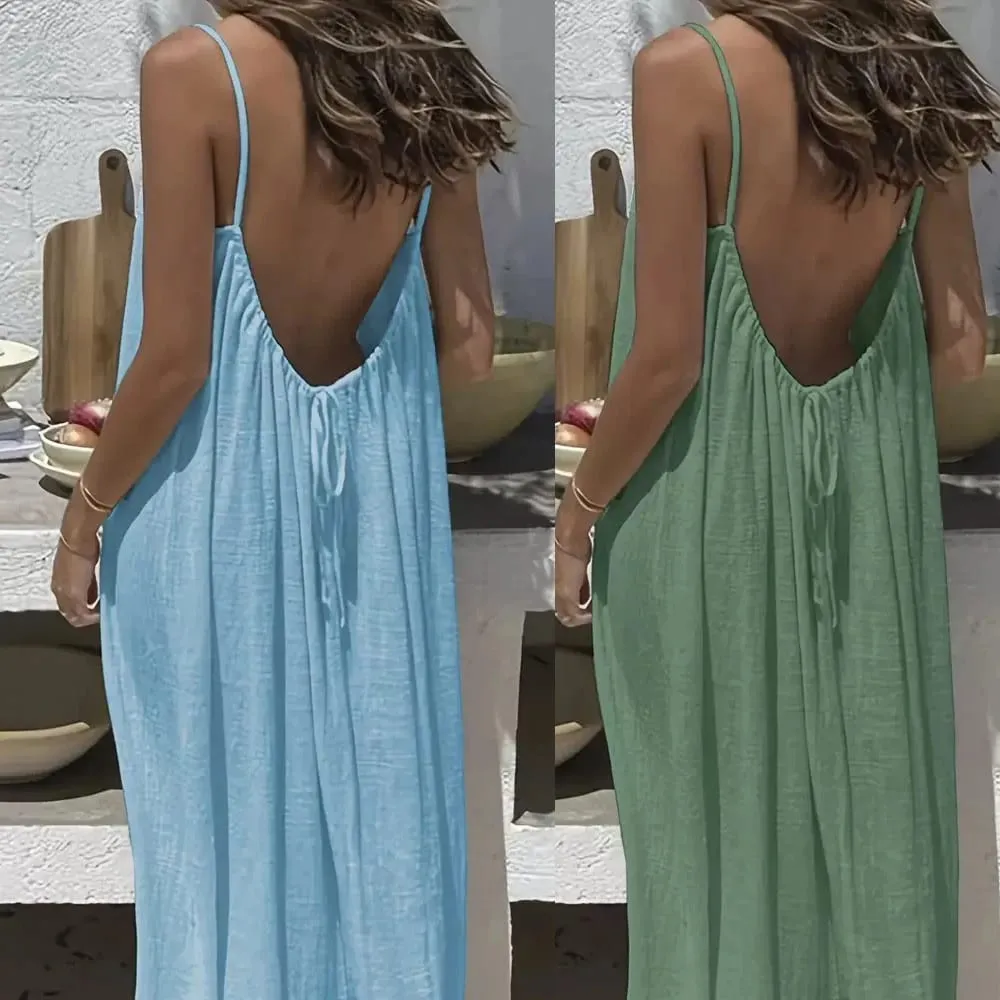 Women Sundress Summer Sexy Backless Loose Slip Beachwear Holiday Long Maxi Party Dresses WXFZ-5188