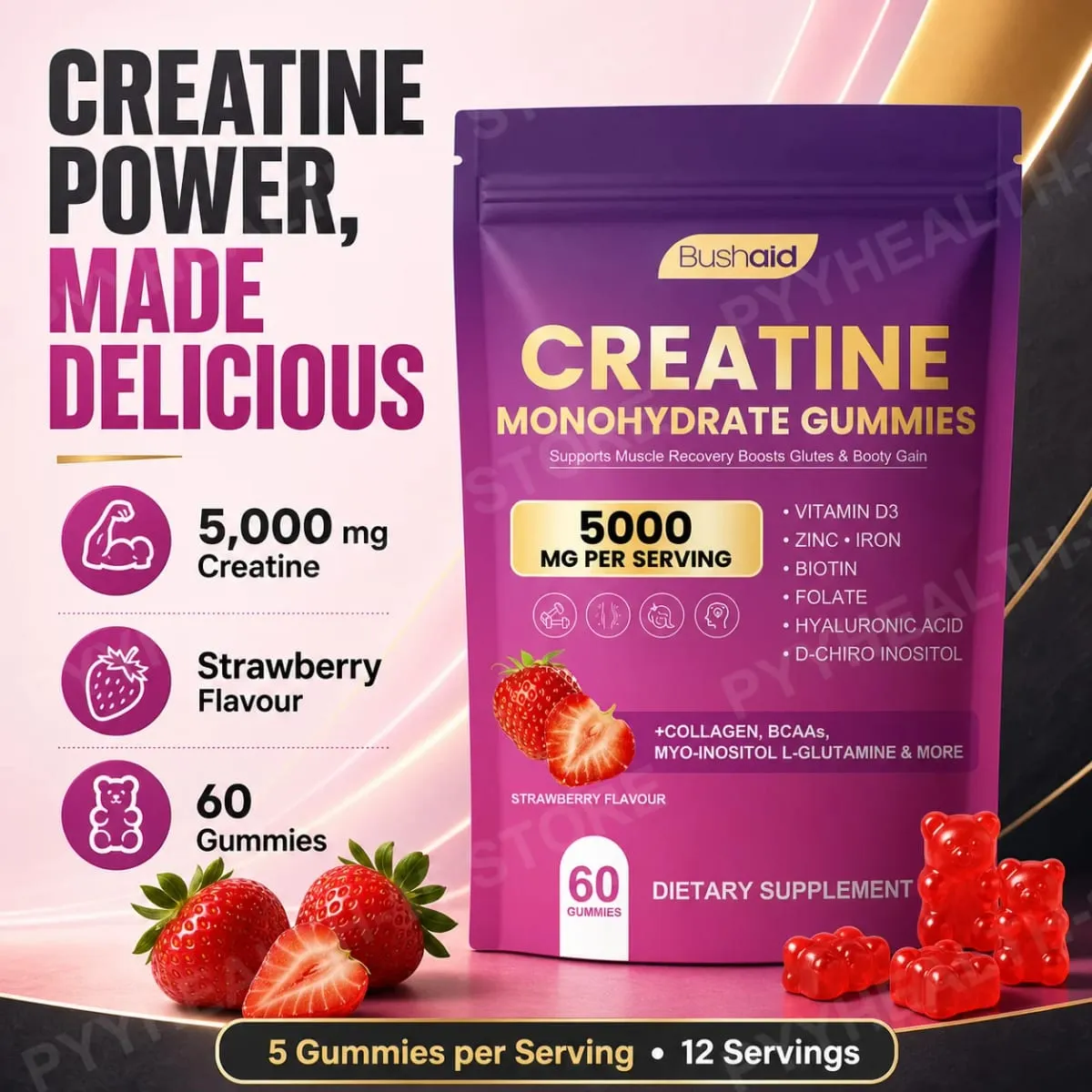 BushAid Creatine Monohydrate Gummies for Post-Workout Muscle Recovery with Multi-Collagen Blend BCAA and Zinc 60 Gummies