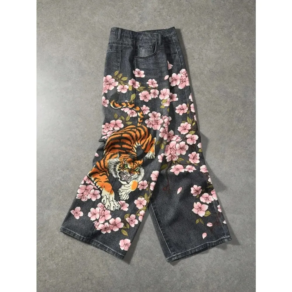 Y2K retro casual fashion high street pattern men's jeans floral tiger pattern loose high waist wide leg casual women's jeans