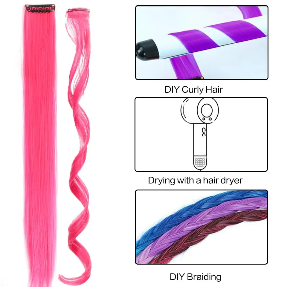 5PCS Long Straight Synthetic Purple Orange heat-resistant Hair Extensions Clip in 24 Inch Colored Party Highlights Hairpieces fo