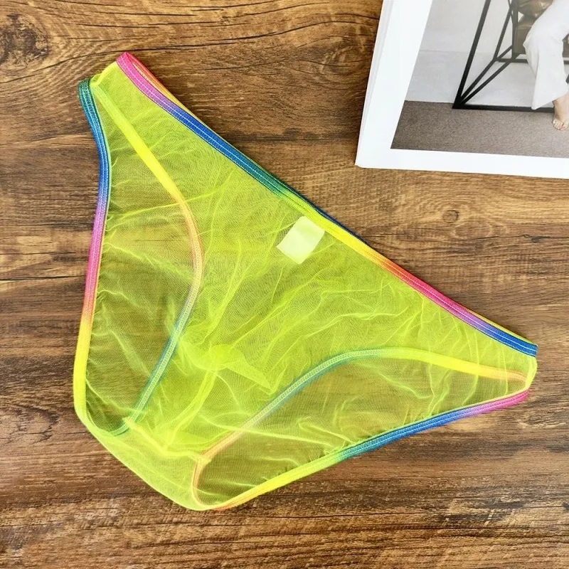 Cuecas masculinas coloridas de cintura baixa u convexa, cuecas de gaze sexy ultrafinas de malha pura transparente