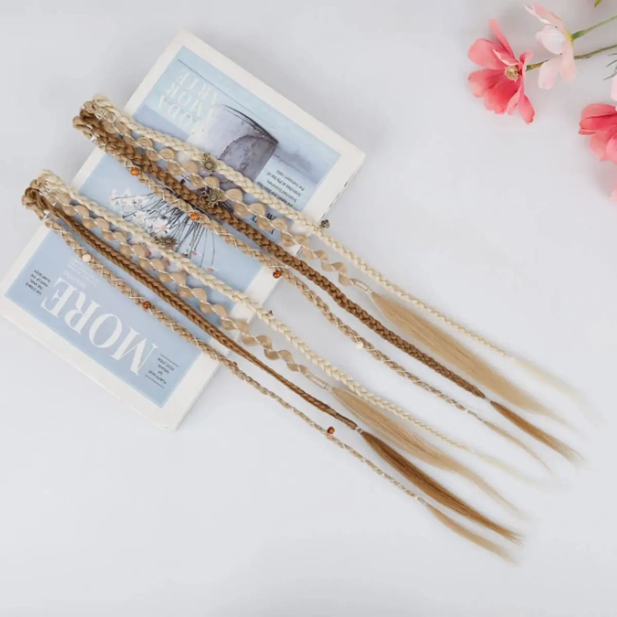 Clip in Braided Hair Extensions for Women Boho Dreadlock Clip in Braids with Beads 2pcs Handmade Synthetic Braided Hairpieces