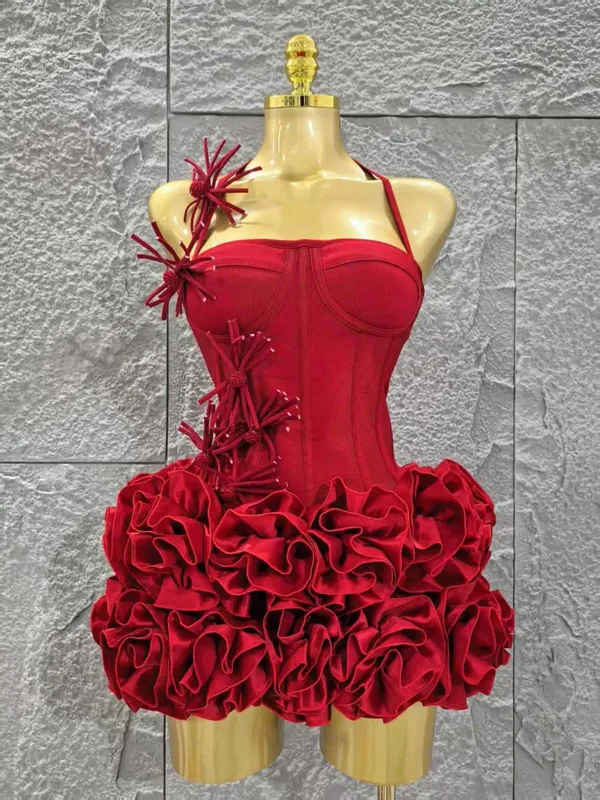 White Red Rose Color Women Sexy Strapless Full Florla Bodycon Mini Bandage Dress 2 Pieces Set Celebrate Nightclub Party Birthday