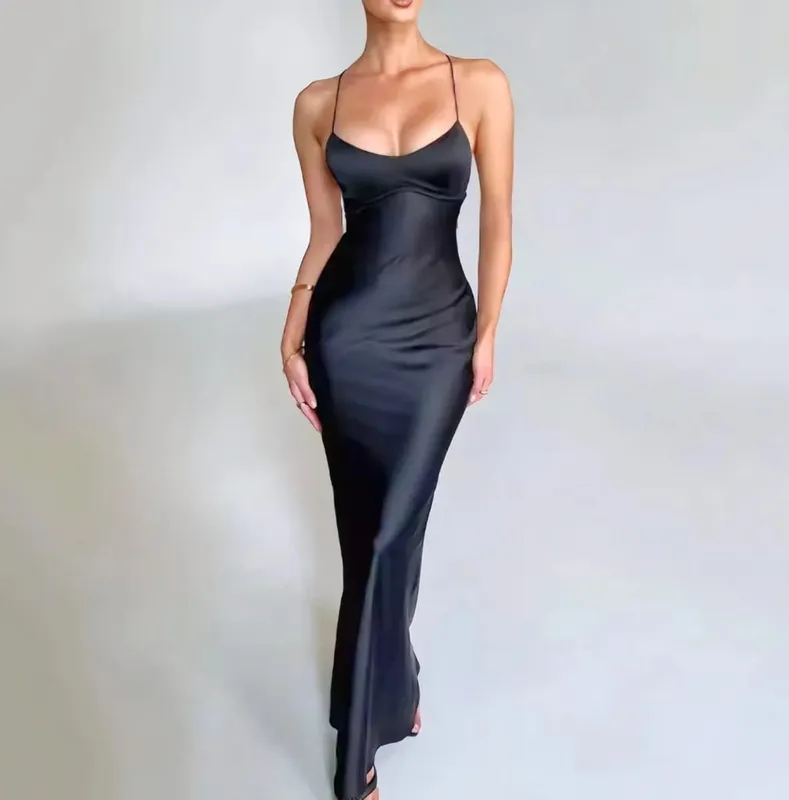 New Fashion Backless Women's Evening Dresses Slash Neck Spaghetti Strap Satin Dress Spring and Summer High Waist Slim Lady Dress