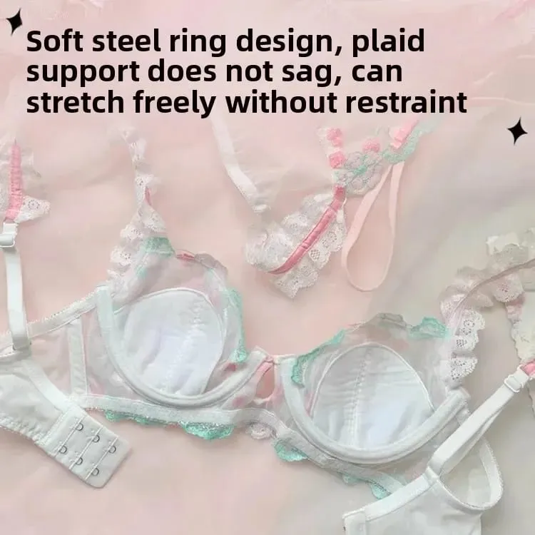 French Style Lace Embroidery Bra Set Women's Underwear Anti-Sagging Thin Design Sweet Pure Desire Wireless Comfortable Bandeau