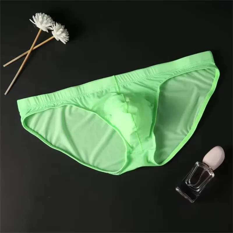 Plus Size M-4XL Man Ice Silk U Pouch Briefs Low Waist Translucent Nylon Underwear One-piece Sexy Ultra-thin Male Underpants