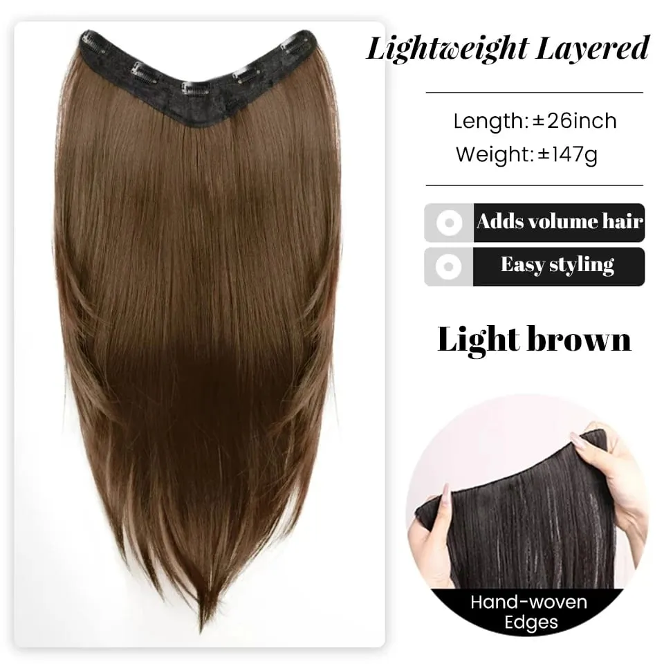 26Inch Synthetic Long Straight Layered V-Shaped Clip-in Hair Extension 4 Clip Heat Resistant Hairpiece for Women Daily Party