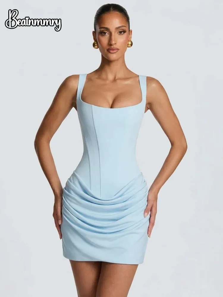 Brown Wide Strap Pleated Hem Dresses Women's Sexy Sleeveless Slim Fit Chic Mini Gown 2025 New Lady Summer Holiday Party Vestidos