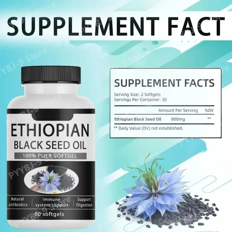Ethiopian Black Seed Oil 100% Pure Softgel 800mg Gluten Free Non GMO Daily Health Support Diatery Supplement 60 Count