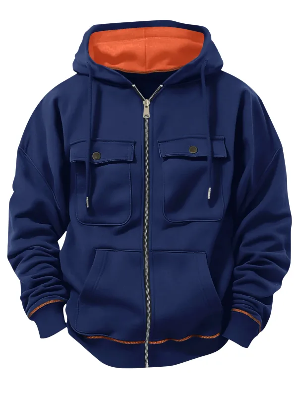 Spring Autumn New Men's Multi Pocket Hoodie with Velvet Casual Zipper Hoodie Fashion Sports Street Top Jacket for Men
