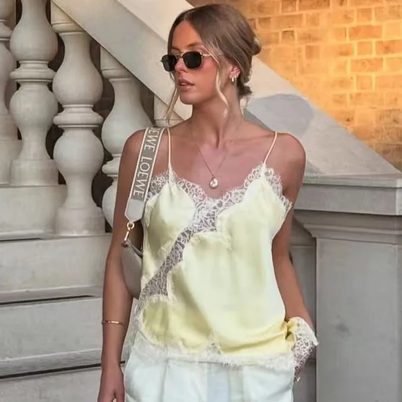 2025 Woman Asymmetrical Slip Top Women Sexy Black Yellow Blue Top Lace Tanks & Camis Chic Y2K Sleeveless Backless Camisole