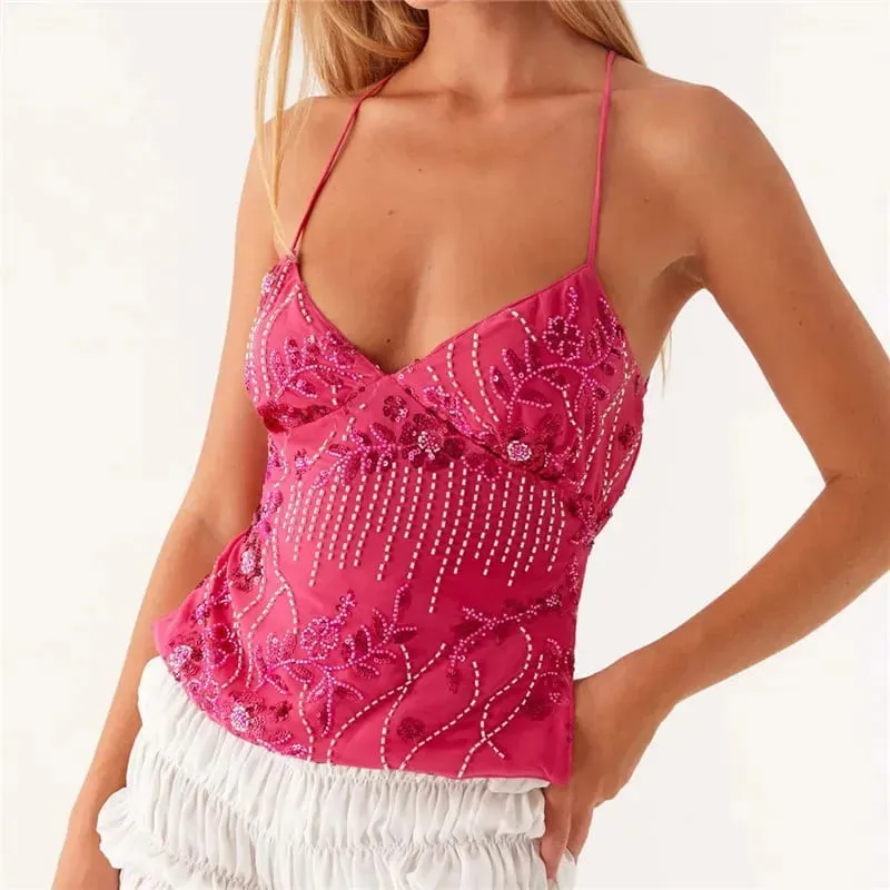 2025 เลื่อมลูกปัด Cami ชุดมินิเซ็กซี่ด้านหน้า V คอสั้นชุดผู้หญิง Backless Criss CROSS STRAPS ชุด