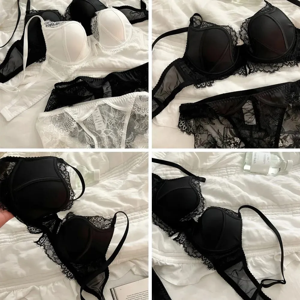 Sexy Lace Deep V Lingerie Set with Steel Ring Support Hollow Out Push Up Bra & Panty