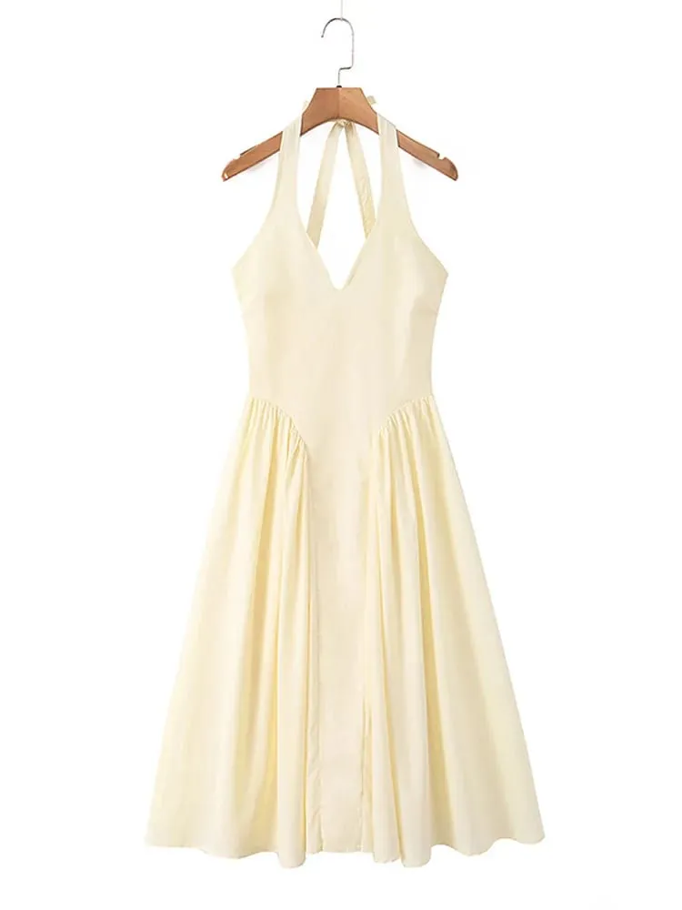 Women’s Dress Sexy Halter V Neck Sleeveless A Line Midi Evening Party Dress Female 2026 Summer Fashion Woman Vacation Vestidos