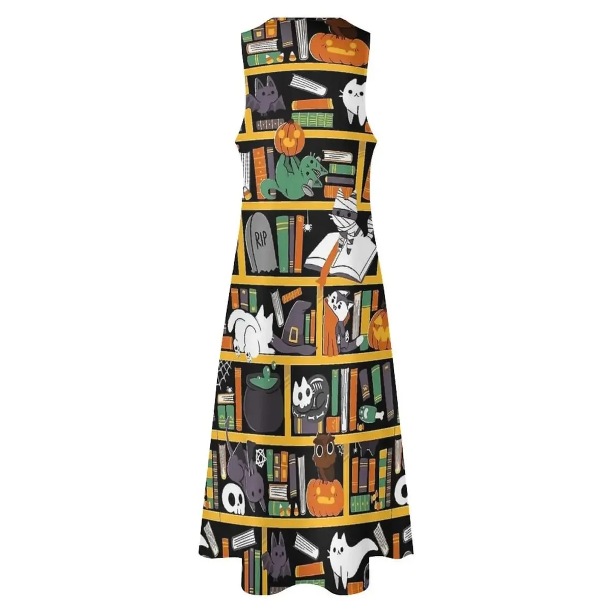 Halloween könyvtár macska ruha nyári utcai divat alkalmi ujjatlan v-nyakú hosszú ruhák női grafikus modern maxi ruha 3XL köntös