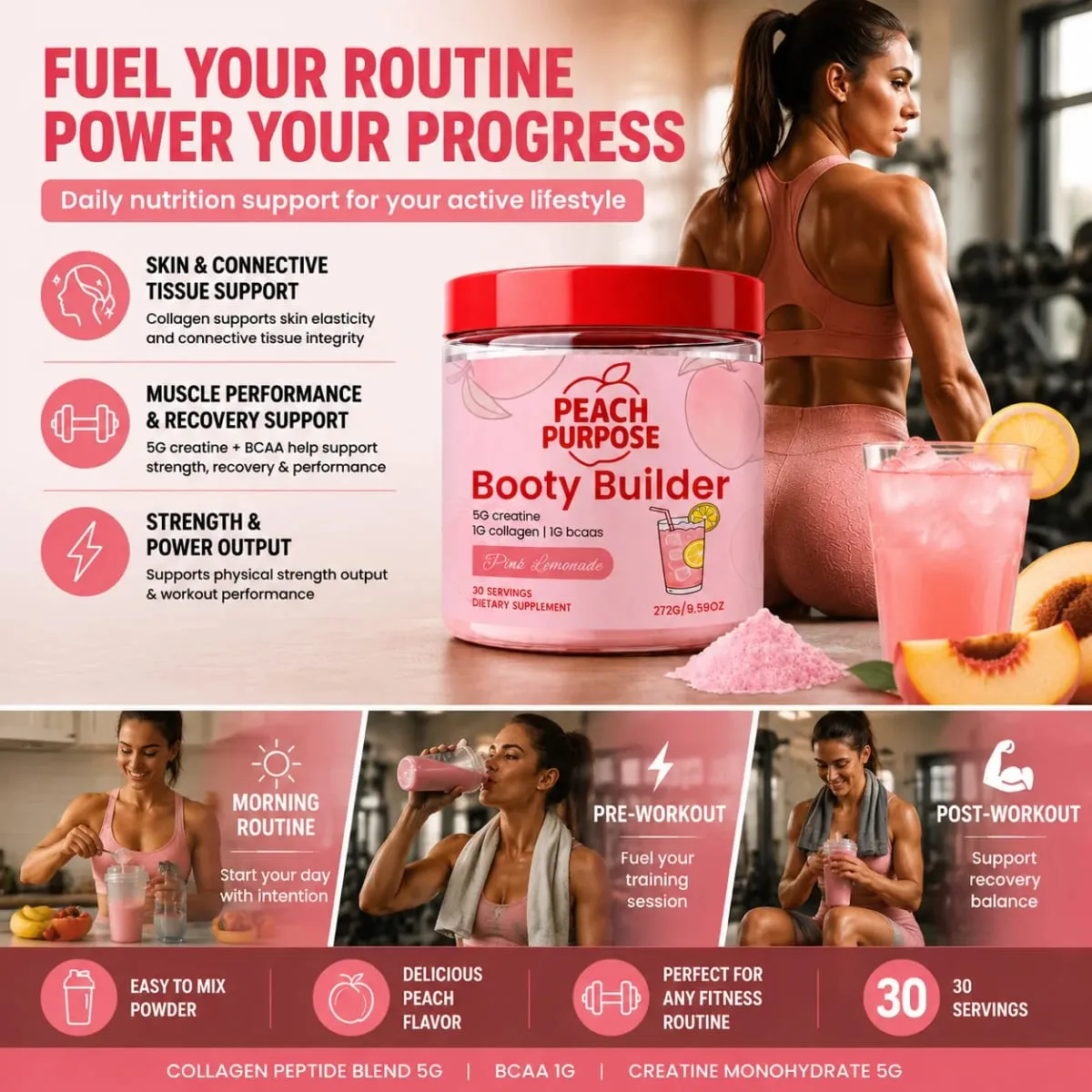 Peach Purpose Collagen Powder Skin Elasticity & Workout Recovery Support for Active Fitness and Strength Routines 30 Servings