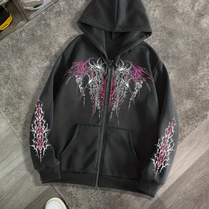 Men's Gothic Dark Print Zipper Hooded Casual Sports Sweatshirt Zipper Jacket Autumn and Winter New Casual Retro Street Style Top