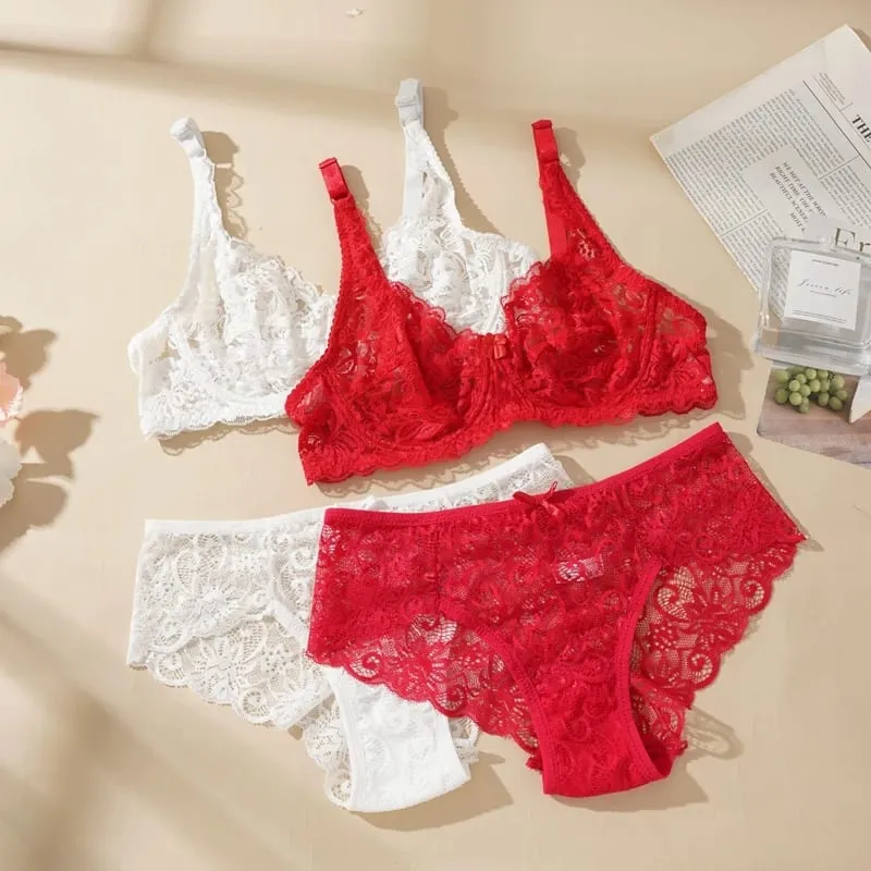 Sexy Lace Bra Set Women Push Up Non-pad Breathable Underwire Thin Solid Panties Underwear Exquisite Lingerie Daily