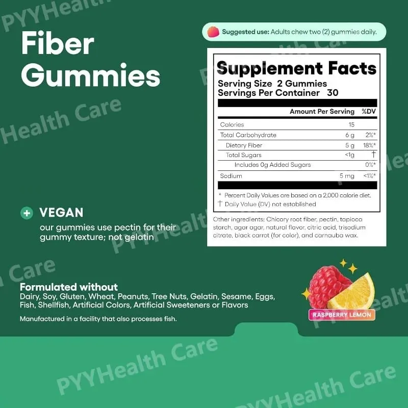 Fiber Gummies for Digestive Health and Regularity - Raspberry Lemon Flavor Natural Chicory Root Prebiotic Fiber - Daily Gummy