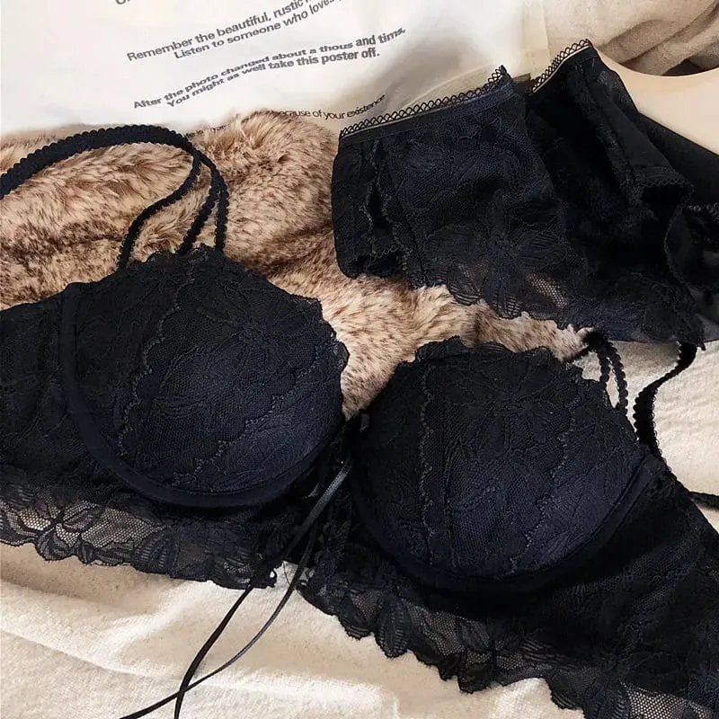 Sexy 1/2 Cup Push Up Bra Set Women Lace Flowers Embroidery Underwear Wire Free Thickened Cup Romantic Detachable Strap Lingerie