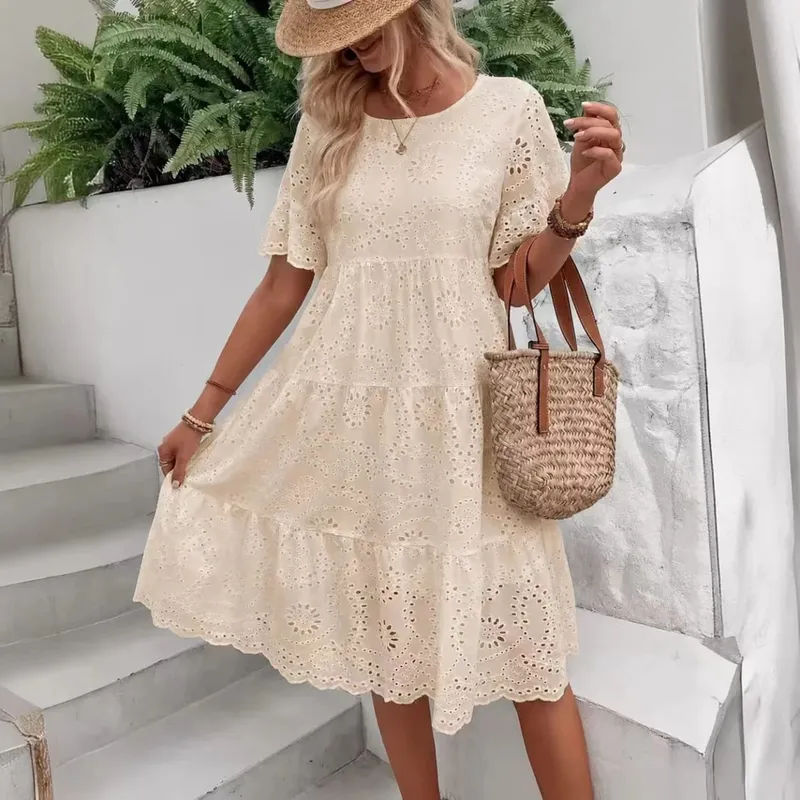 Women's White Eyelet Embroidery Midi Dress Hollow-out Boho Flowy Ruffle Tiered Dress Casual Short Sleeve Summer Beach Dresses