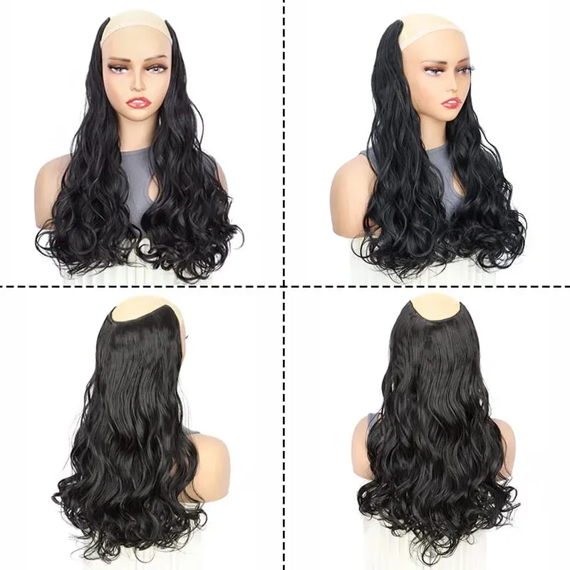 20Inch Synthetic Long Wavy Curly 4 Clip In Hair Extensions Heat Resistant Hairpiece Black One Piece Fake Hair For Women