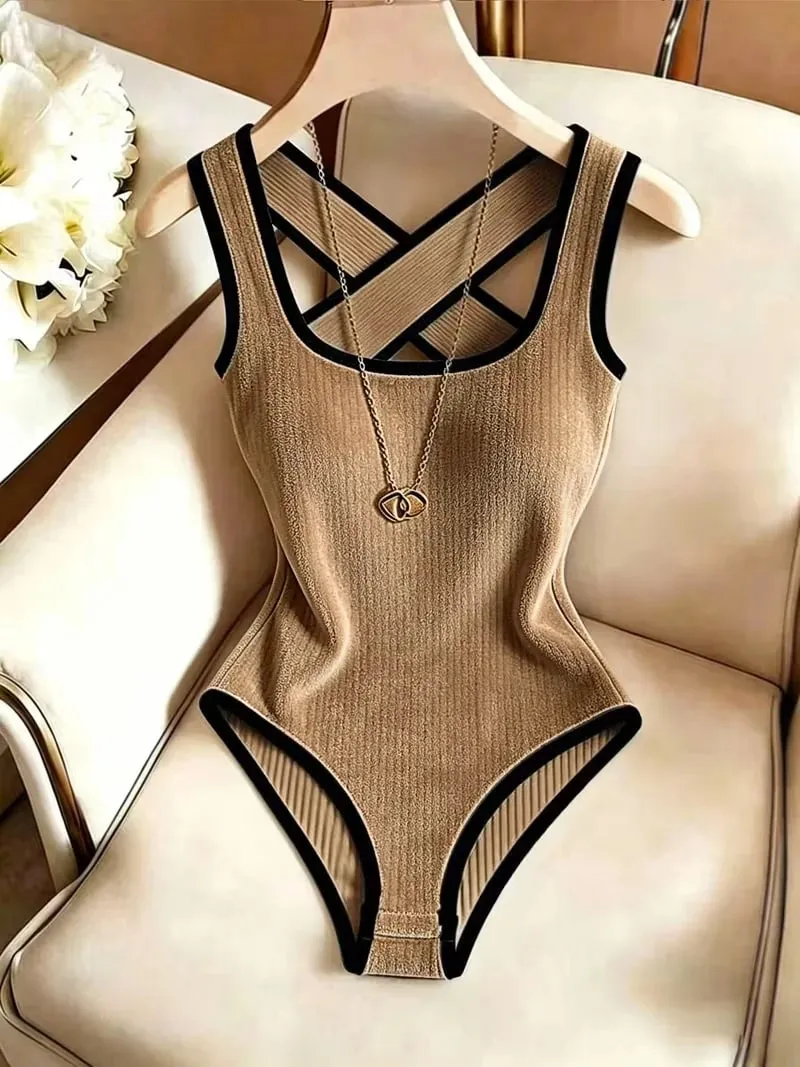 Women Ribbed Knit Bodysuit Sleeveless Tank Top Crisscross Back Black Contrast Trim Slim Stretch Casual Streetwear — image 2