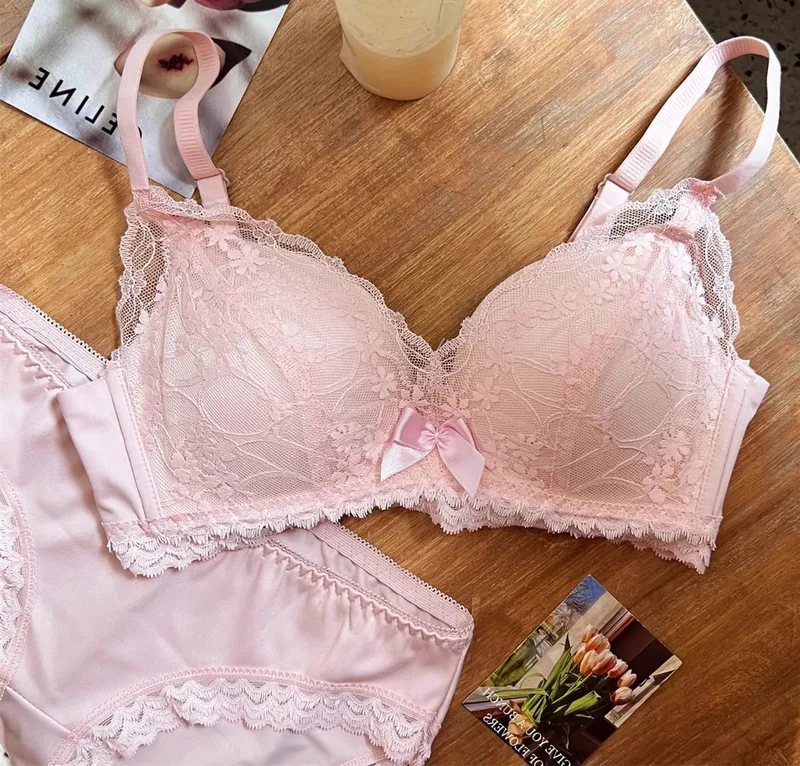 French Lace Bra Wireless Push Up Bralette for Small Bust Adjustable Straps Anti Sagging Support Sexy Lace Up Lingerie Panty Set — image 10