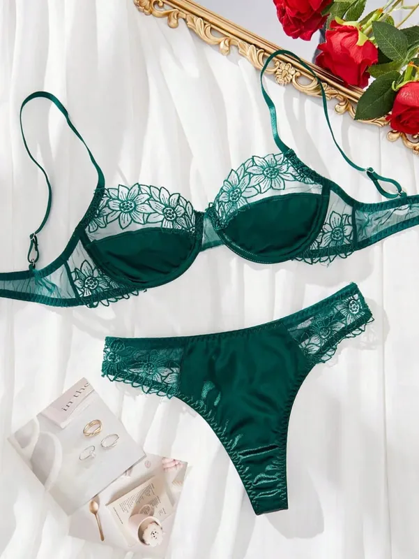 Hot-Selling 2-Piece Floral Embroidery Sexy Bra Set - Sunflower Embroidered Underwired Semi-Sheer Lingerie Set Ideal for Dates