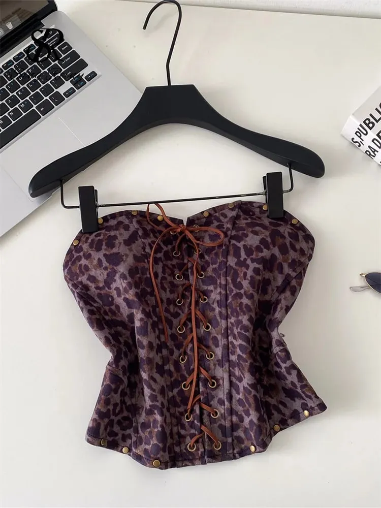 Sexy Leopard Paisley Print Top Spicy Girl Lace Up Stretch Bodycon Strapless Tank Top Ladies Hotsweet Clubwear Camisole