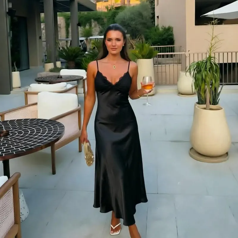 Butter Yellow Women Satin Slip Maxi Dress Elegant Spaghetti Strap A-line V Neck Waist-cinching Summer Lady Formal Evening Gown — image 13