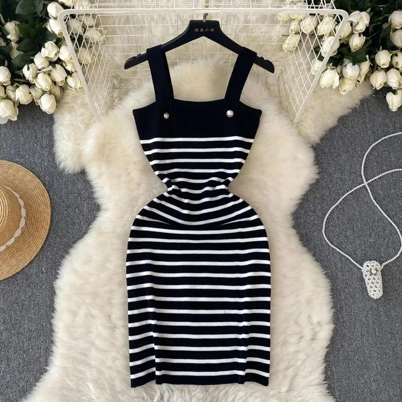 Women Striped Knit Sling Dress Blue White Wide Strap Metal Button Slim Fit Bodycon Mini Casual Summer Vacation Lady All Season
