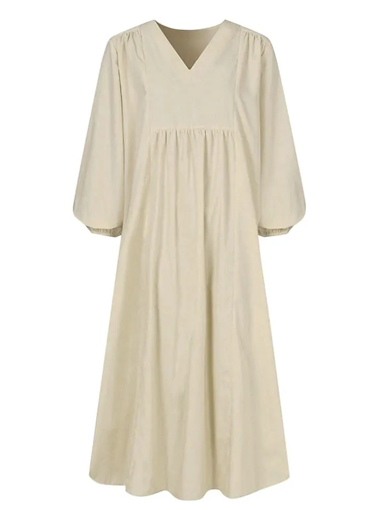 Plus Size Spring/Fall New Arrival Women's Cotton-Linen Blend Loose-Fit Bell-Sleeve Dress Casual Elegant for Everyday Wear